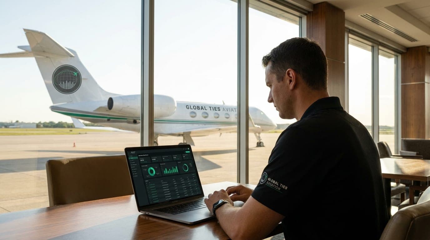 A GTA professional in a GTA polo running the Detailer OS on a laptop in an FBO lounge, a GTA jet outside