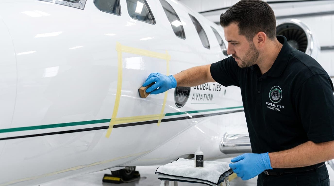 A GTA technician in a GTA polo applying a ceramic coating in small sections on a GTA jet