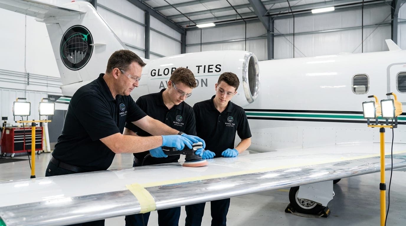 A GTA instructor guiding two trainees, all in GTA polos, polishing the leading edge of a GTA jet in a hangar