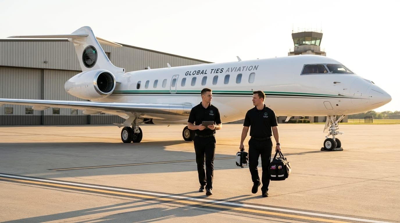 Two GTA technicians in GTA polos walking toward a GTA business jet on the ramp at golden hour