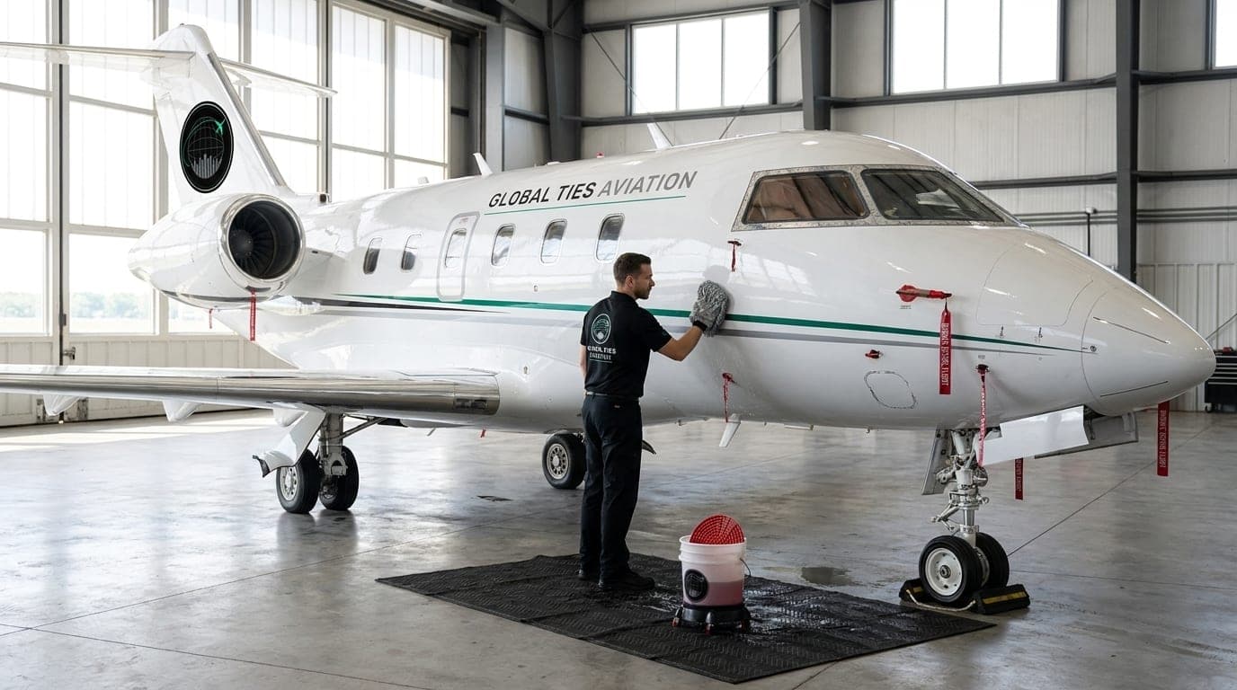 A GTA technician in a GTA polo hand-washes a GTA business jet in a hangar with covers on the pitot probes