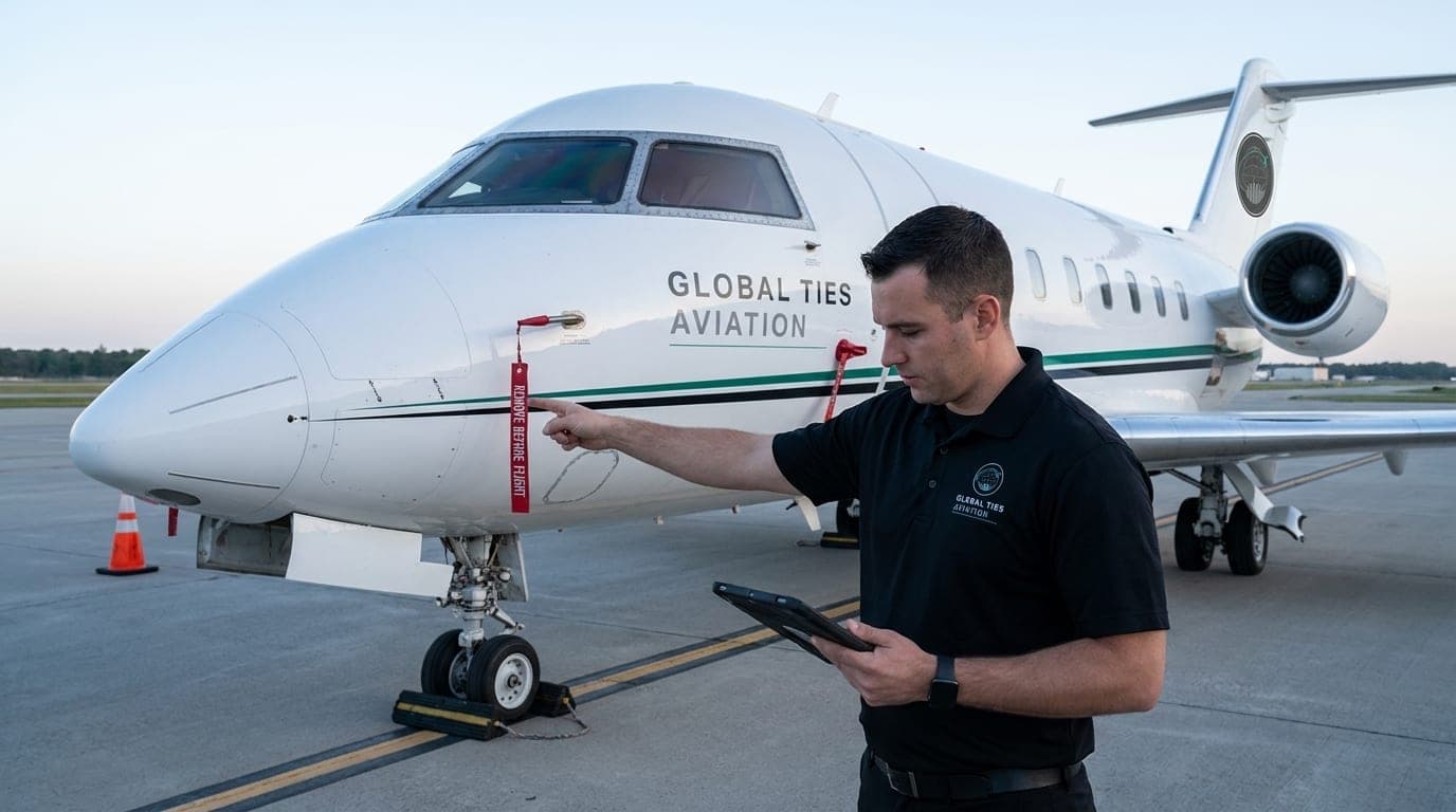 A GTA technician in a GTA polo walks a GTA business jet on the ramp at first light with a tablet checklist