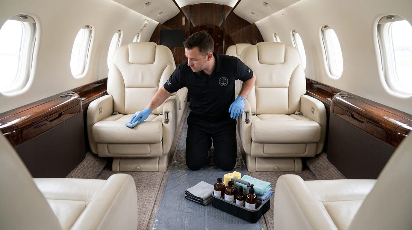 A GTA technician in a GTA polo conditions a leather seat in a business jet cabin