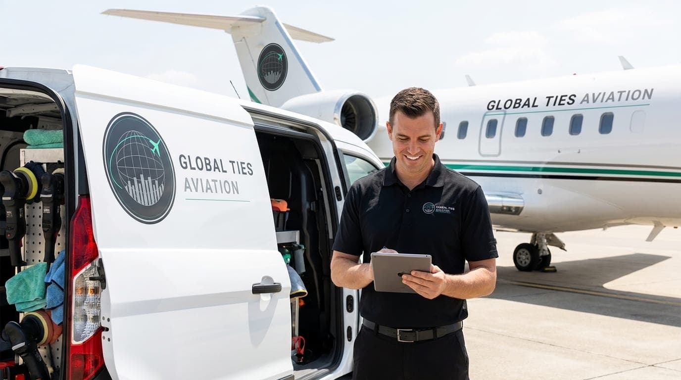 A GTA technician in a GTA polo reviews a signed completion report with a client beside a GTA business jet and a GTA service van