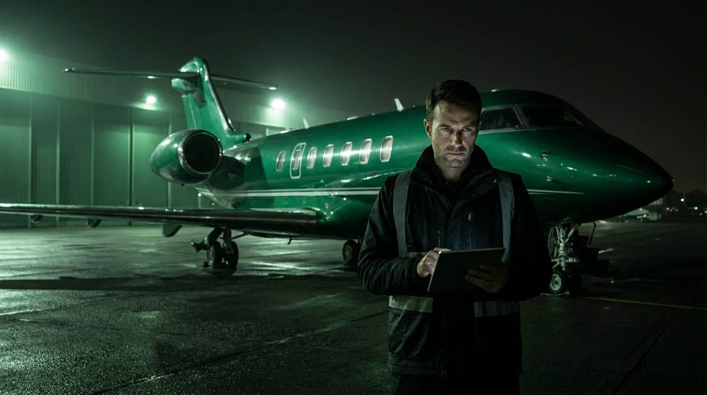 An FBO operations manager posting work from the ramp at night