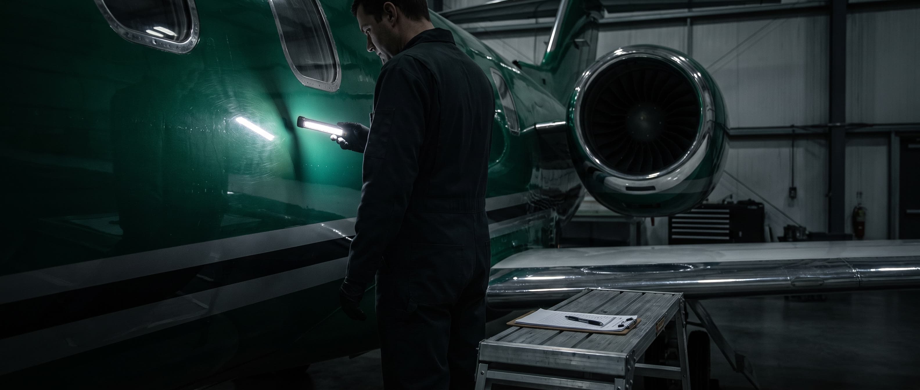 A detailer hand-finishing an emerald business jet under an LED inspection light, checklist on the workstand
